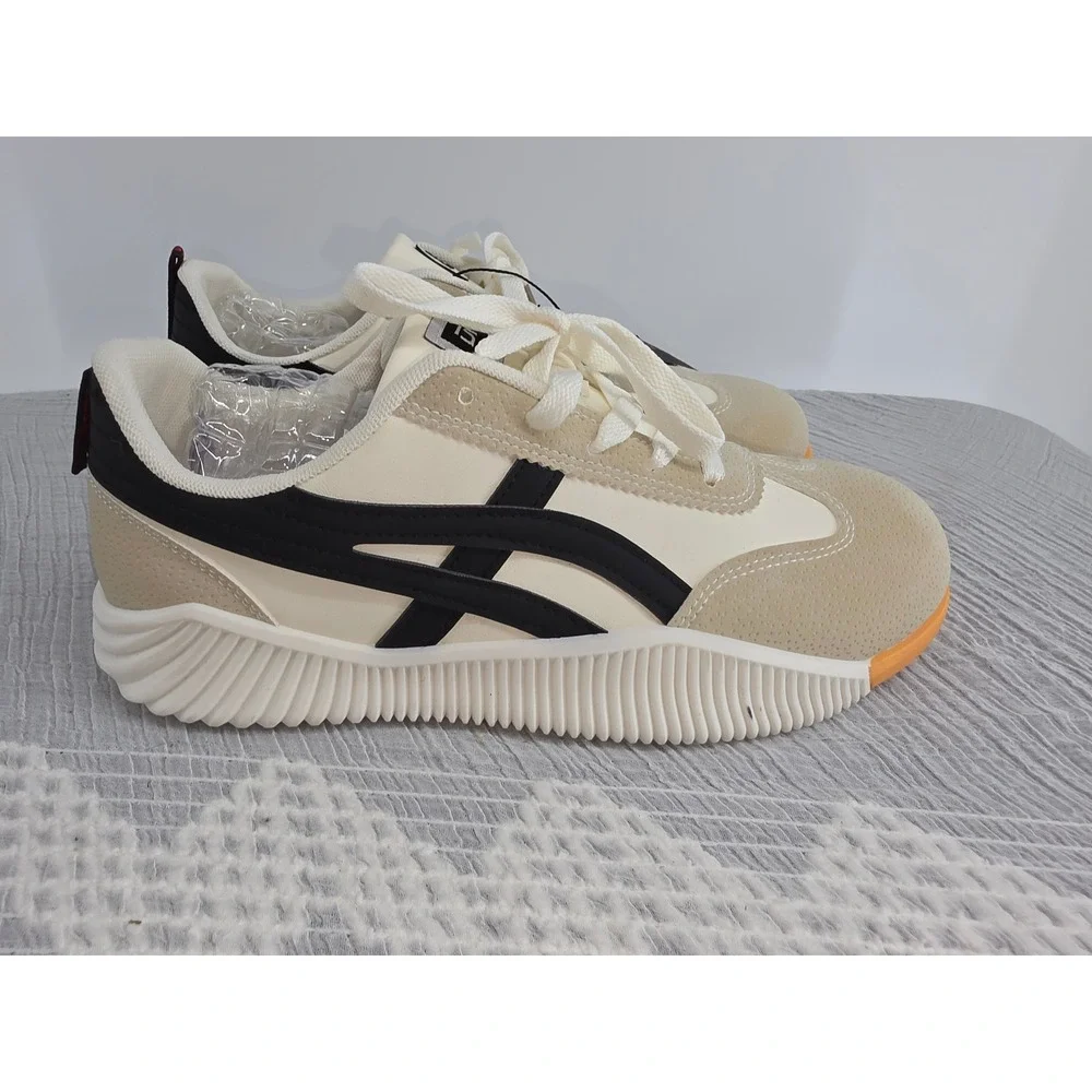 De Florance Womens Low Top Sneakers Cream Beige Black Size 10.5 Italian Design